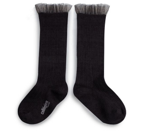 Black Wool Frilled Tulle Knee High socks